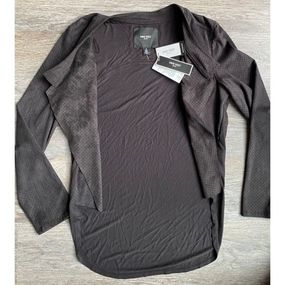 Nine West Faux Leather Blazer Women's Sz M Black Asymmetrical Perforated Boho - Picture 8 of 10